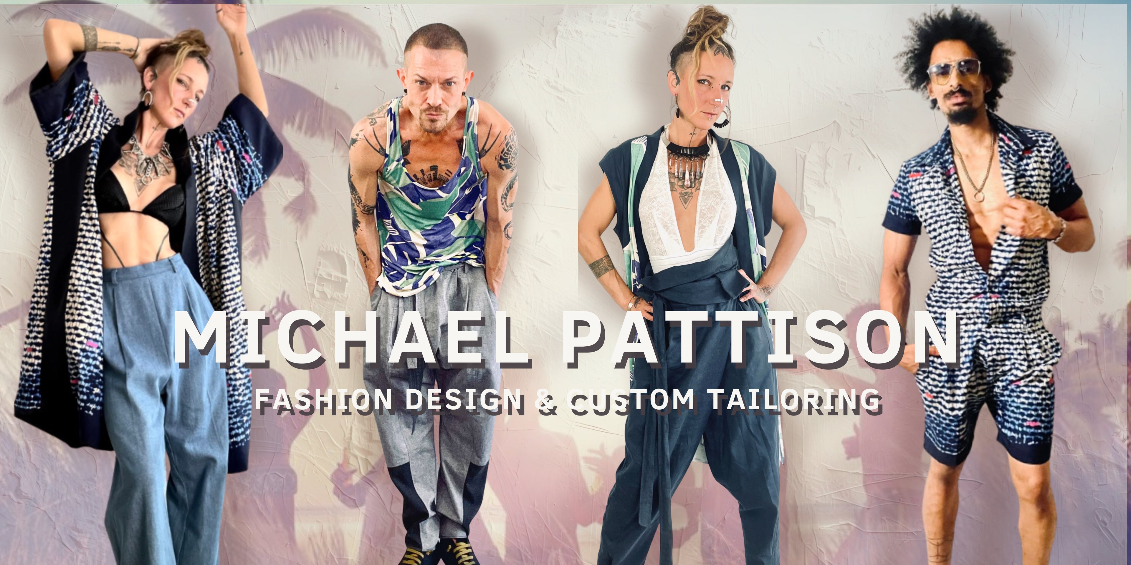 Four people modeling clothing with 'Michael Pattison' branding on a textured background.