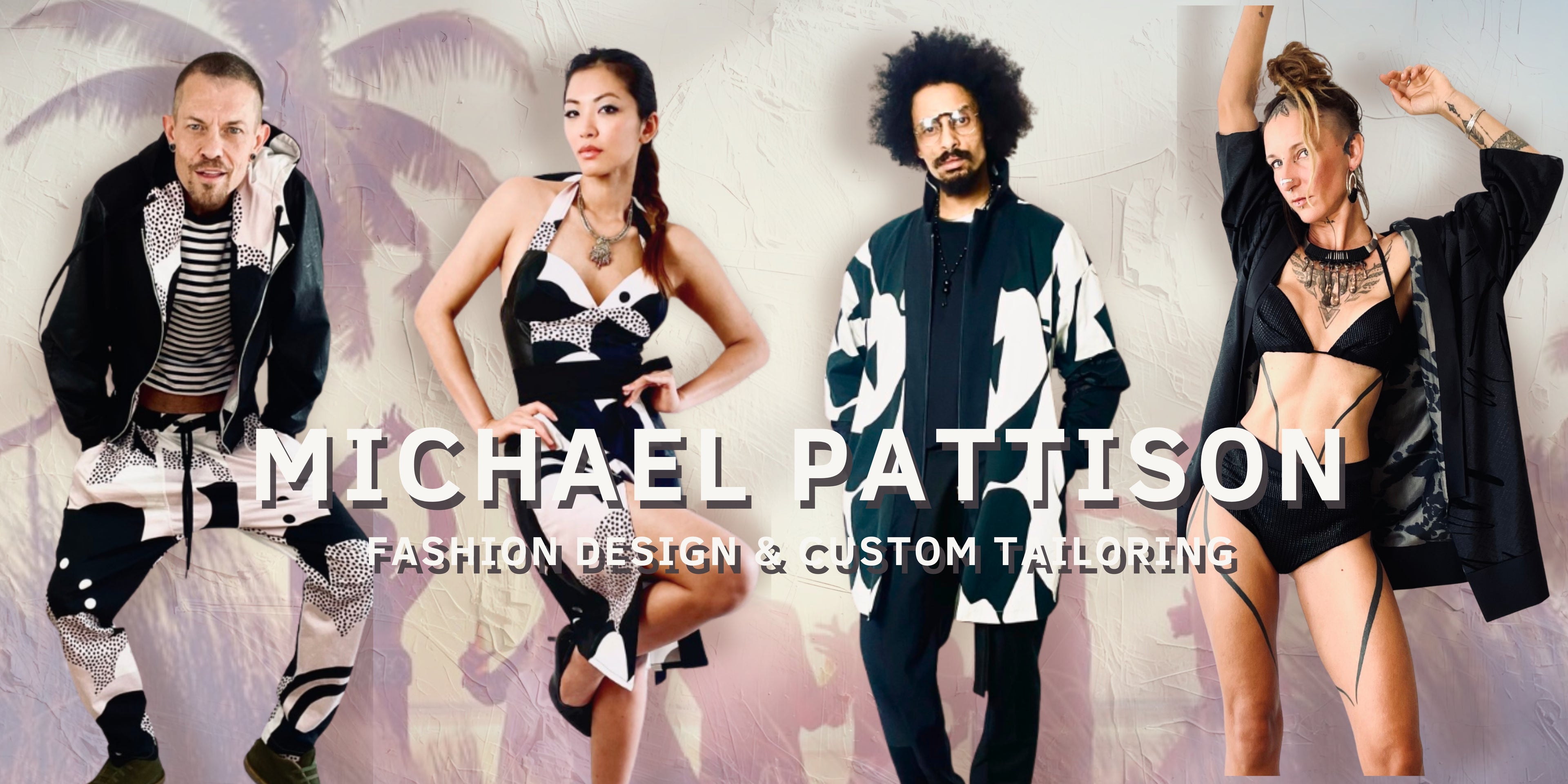 Four people modeling clothing with 'Michael Pattison' branding on a light background